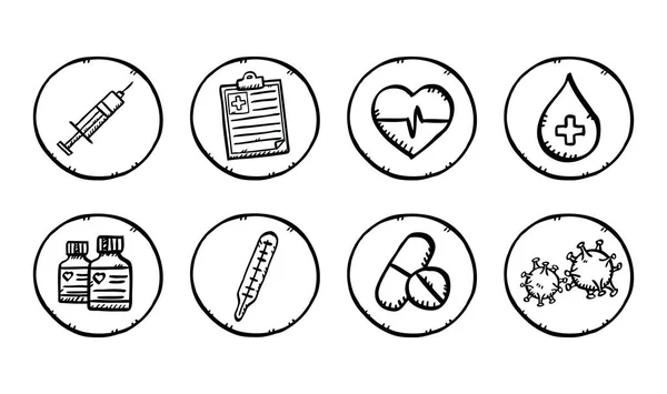 Icone Vettoriali Disegnate Mano Set Temi Sanitari Illustrazioni Icone Bianco — Vettoriale Stock