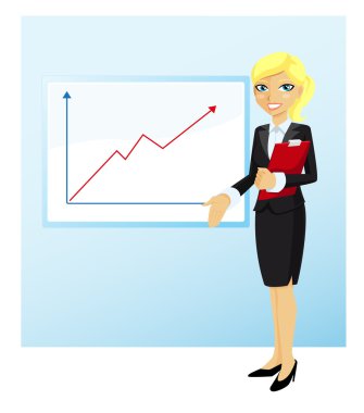 Businesswoman with documants gesturing towards a flipchart