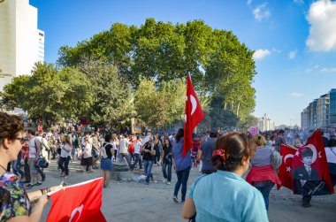 Taksim Gezi Parkı protestolar ve olaylar. Istanbul Gezi parkında eylem karşı kesme ağaçlar yerine bir alışveriş merkezi inşaatı başladı. Türkiye'de çok büyük bir bölümünü yayılır.