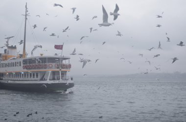 Istanbul, Kadıköy. Sisli sabah, yolcu feribot için bekleyen bir