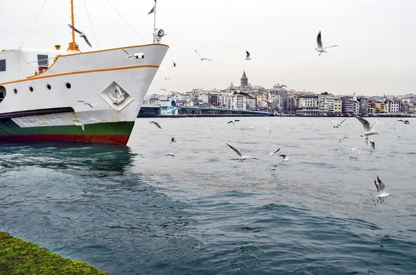 Estreito de Istambul, balsa e gaivotas — Fotografia de Stock