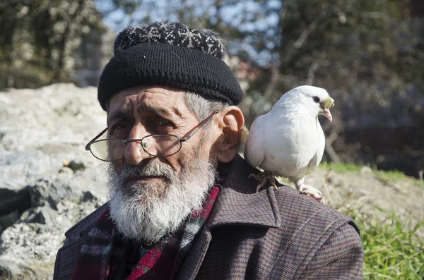 Beyaz sakallı Dede ve güvercinler Dostu.