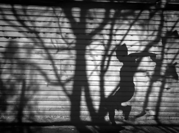 Twilight a man and tree shadow reflected on the wall. — Stock Photo, Image