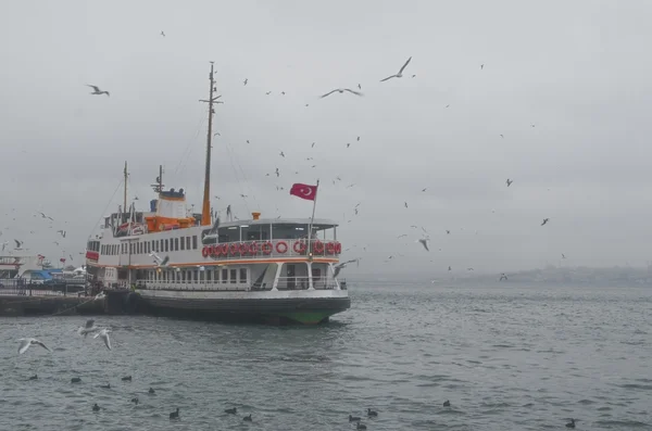 Istanbul, Kadikoy. Mlhavé ráno, čekají na trajekt cestujících — Stock fotografie
