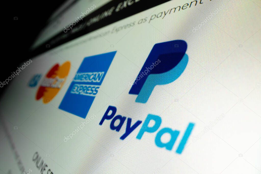 Melbourne, Australia - May 31, 2021: Close-up view of Paypal logo on an online shopping website with various payment methods, shot with macro probe lens