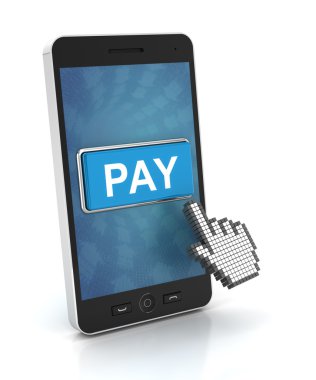 Bir smartphone, 3d render bir ödeme düğmesini tıklayarak