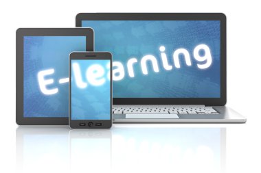 Akıllı telefon, tablet ve E-öğrenme metin, 3d render ile dizüstü bilgisayar
