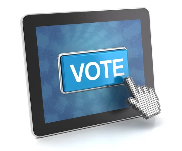 Cliquer sur le bouton de vote sur une tablette numérique, rendu 3d — Photo