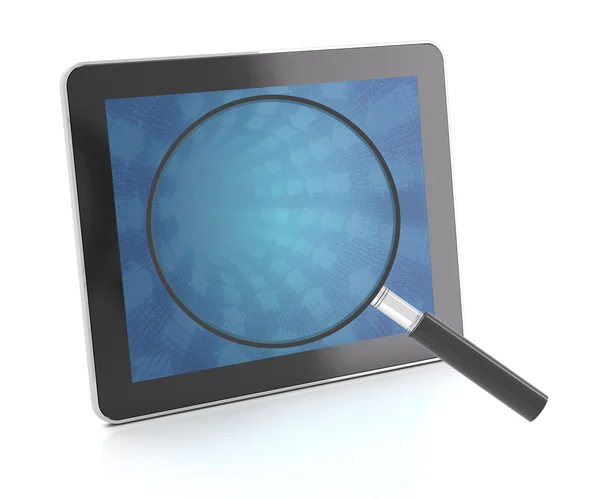Digital tablet med förstoringsglas, 3d render — Stockfoto