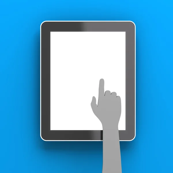 Paper hand clicking a digital tablet with copyspace, 3d render — Stock Photo, Image