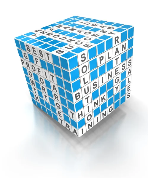 Crucigrama rompecabezas cubo con palabras de negocios, 3d render — Foto de Stock