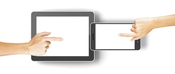 Hands clicking generic 3d rendered tablet and smartphone with copyspace — Stock Photo, Image