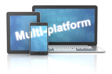 Akıllı telefon, tablet ve çoklu platform kelime, 3d rende ile dizüstü bilgisayar
