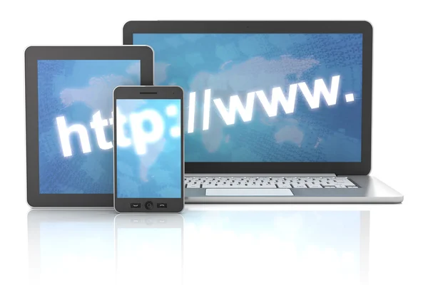 Internet-adress på bärbar dator, digital tablett och smartphone, 3d ren — Stockfoto