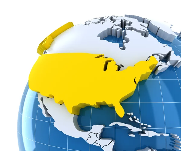 Globe with extruded continents, close-up on USA — Stock Photo, Image