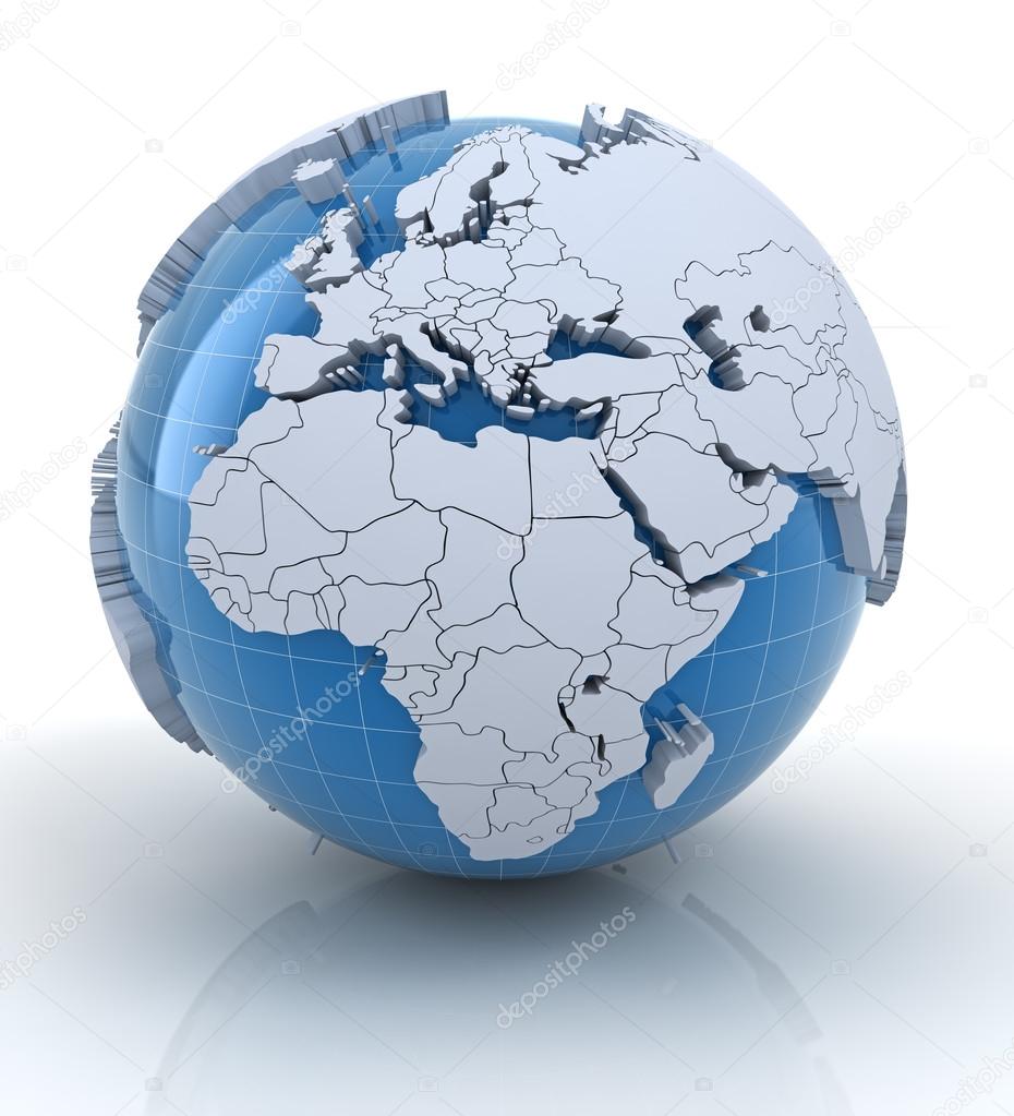 Globe with extruded continents, Europe and Africa region