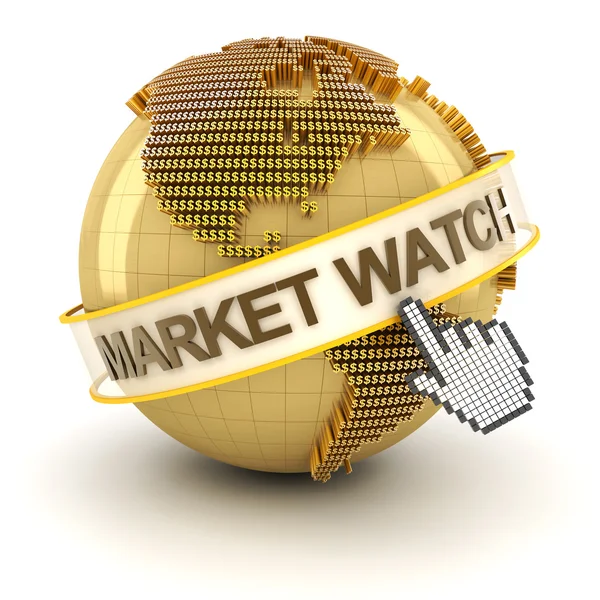 Market watch symbol with golden globe and hand cursor — Stock Photo, Image