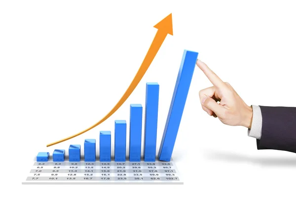 Stigande diagram med hand trycka den högsta stapeln — Stockfoto
