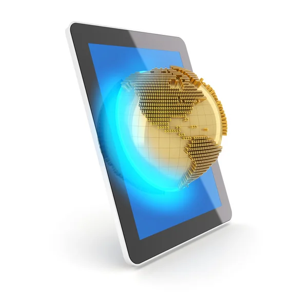 Geld globe opkomende uit een digitale tablet, 3d render — Stockfoto