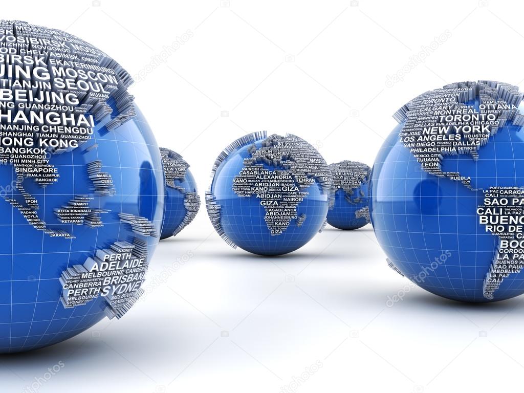 Globes with names of major cities in the world