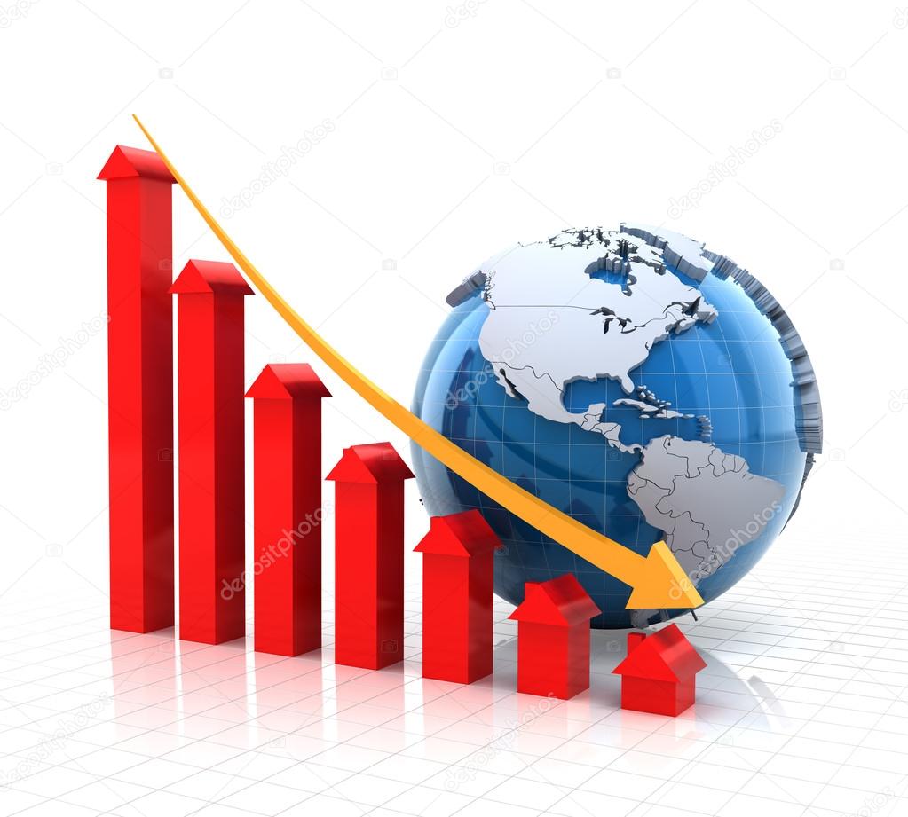 Real estate falling chart with globe, 3d render