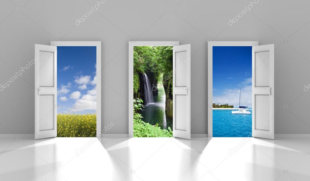 Three doors leading to different travel destinations