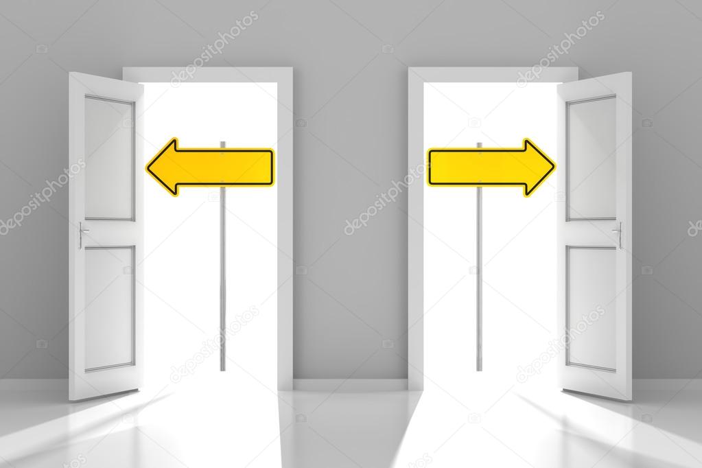 Two doors with directional road signs and copyspace
