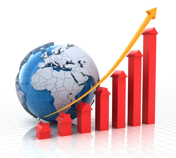 Real estate growth chart with globe, 3d render — Stock Photo, Image