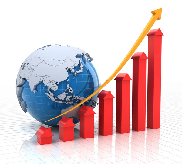 Real estate growth chart with globe, 3d render — Stock Photo, Image