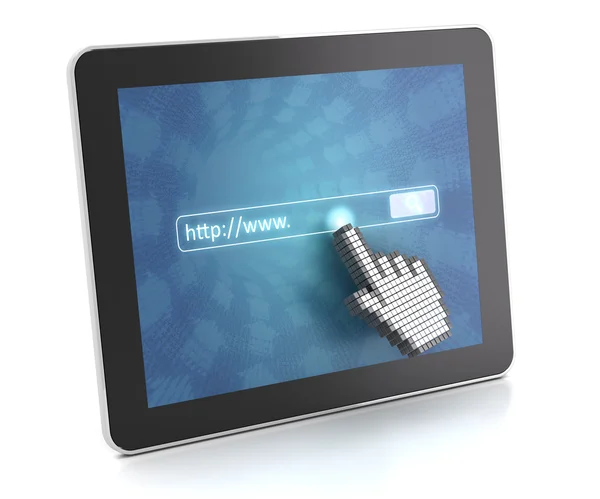 Handmarkören att klicka på en digital tablett med Internet-adress — Stockfoto