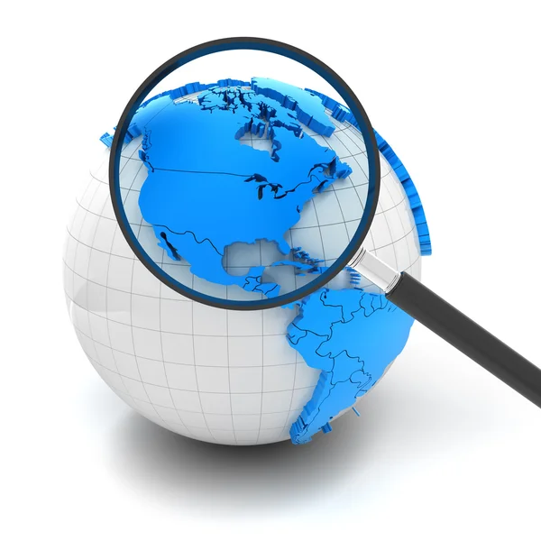 Globe with magnifying glass over north america and USA — Stock Photo, Image