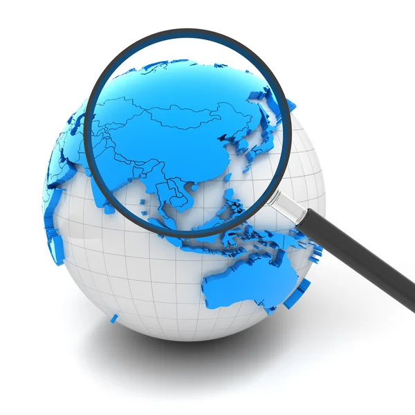 Globe with magnifying glass over China and Asia — Stock Photo, Image