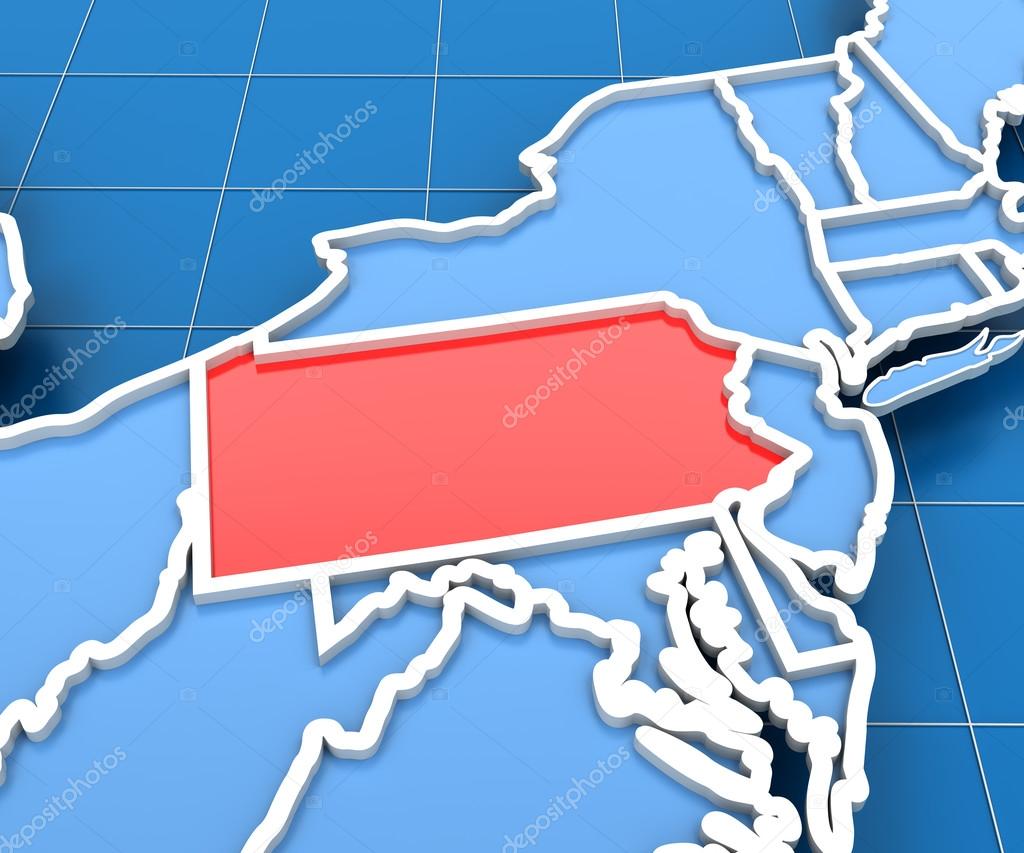 3d render of USA map with Pennsylvania state highlighted
