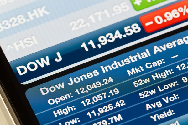 Dow Jones Industrial Promedio en iPhone Stocks aplicación — Foto de Stock