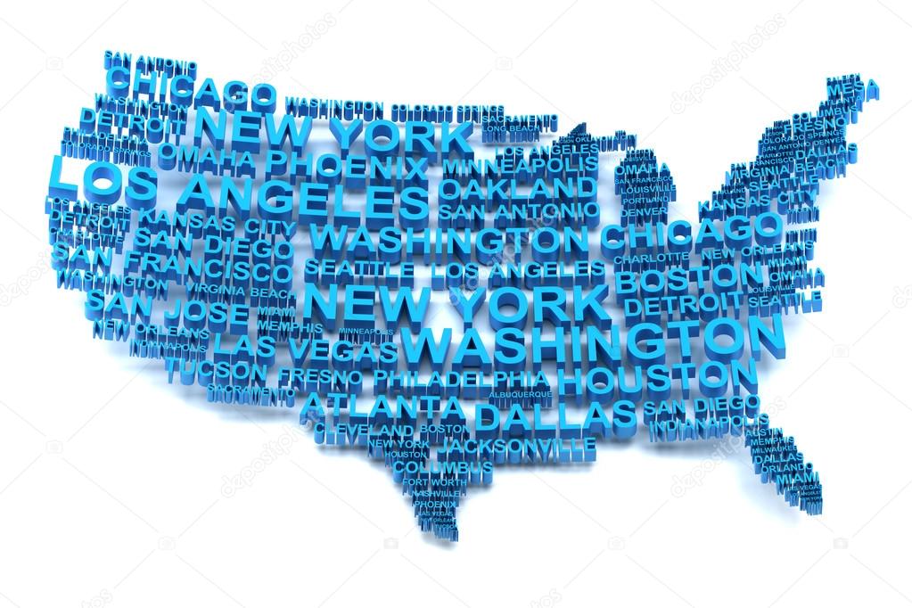 USA map formed by names of major cities