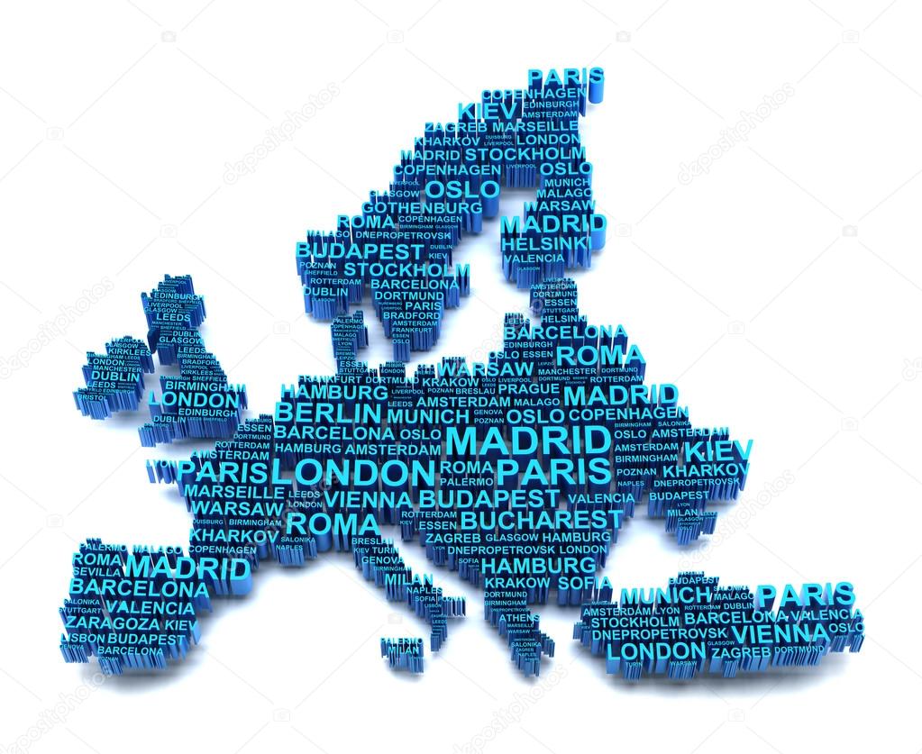 Europe map formed by names of major cities