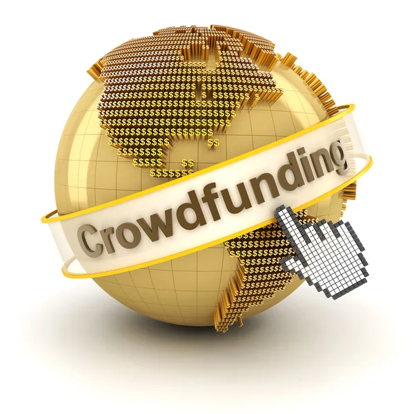 Crowdfunding-Symbol mit Globus aus Dollarzeichen, 3D-Render — Stockfoto