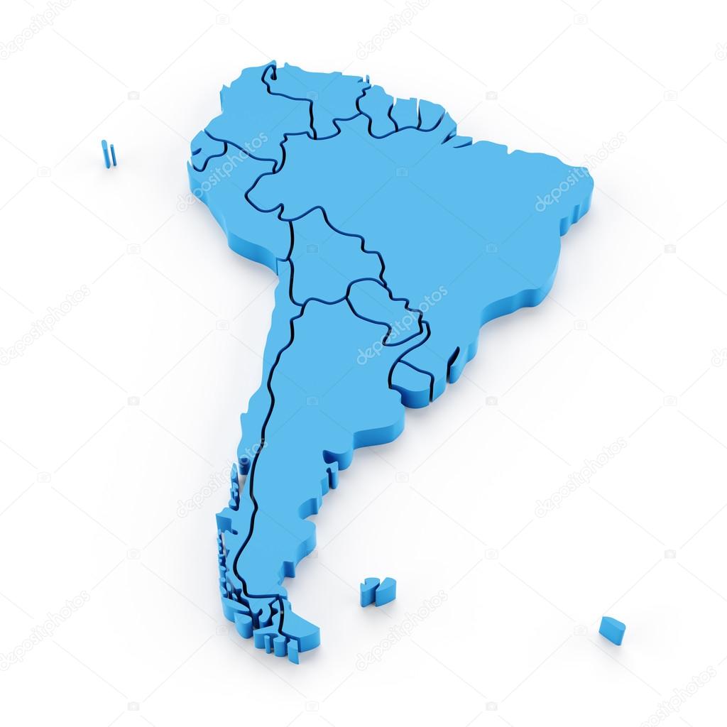 Extruded map of south america with national borders