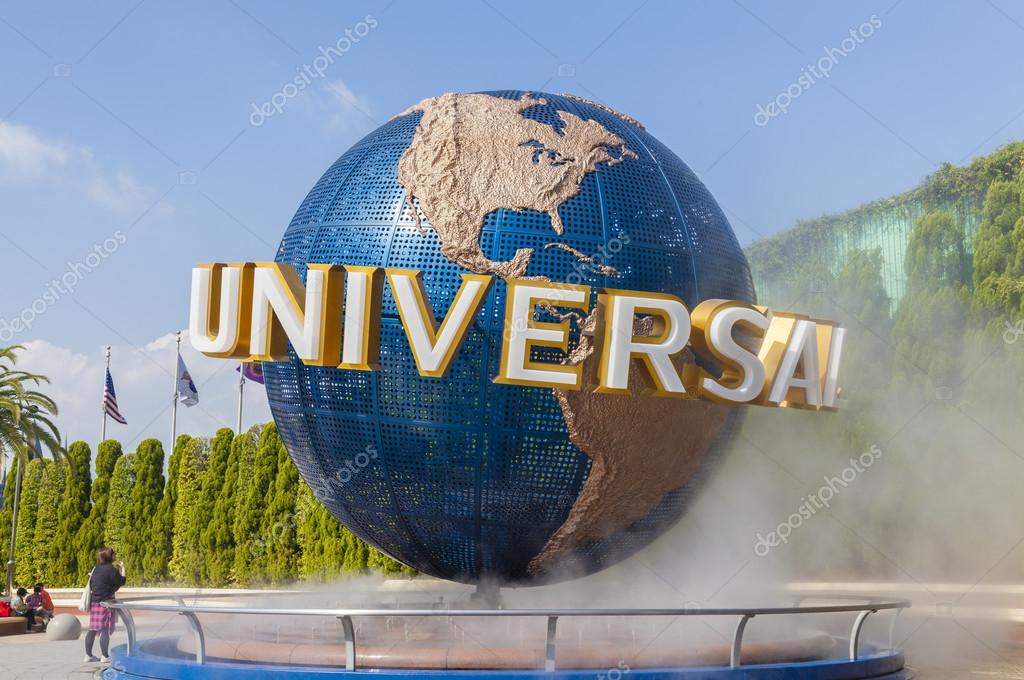 Osaka, Japan - October 27, 2014: View of tourists and Universal Globe outside the Universal Studios Theme Park in Osaka, Japan. The theme park has many attractions based on the film industry