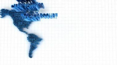 büyük şehirlerin adları tarafından kurulan Dünya Haritası 3D animasyon