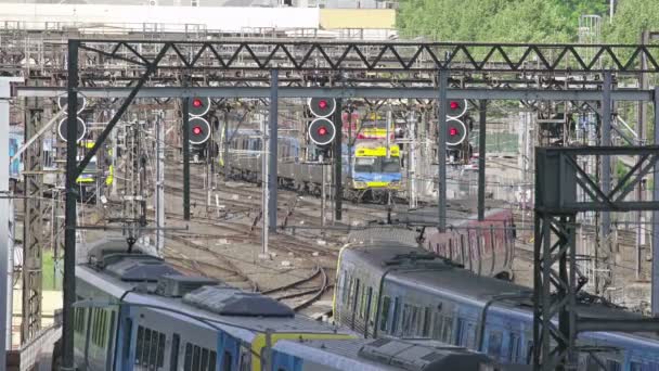 Züge, die an einem Bahnhof starten und ankommen — Stockvideo
