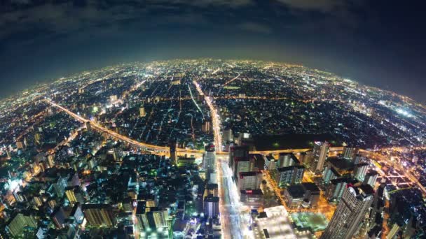 Timelapse video av Osaka i Japan på natten, fisheye Flygfoto — Stockvideo