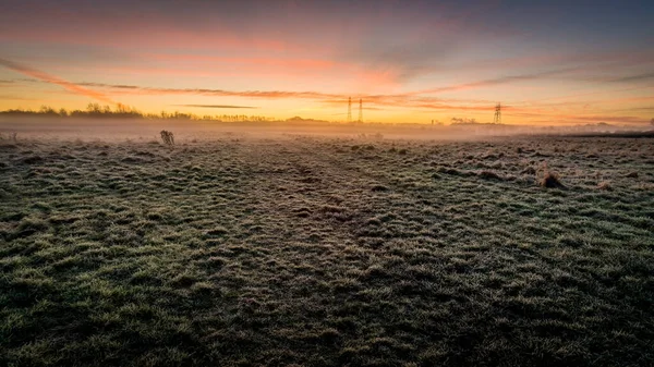 Morning Frosty Grass Foreground Morning Sunrise Autumnal Landscape — Stock Photo, Image