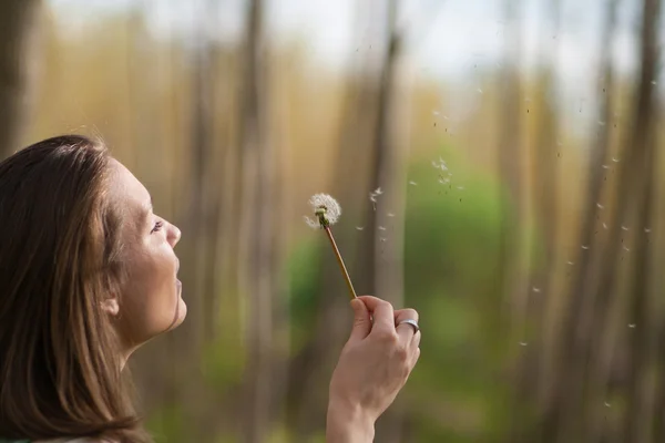 Parkta karahindiba çiçek tohum üfleme tutan genç kadın