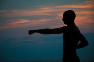 Sunset silhouette of a man practicing martial arts clipart