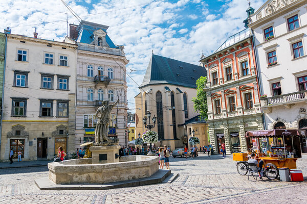 The corner of Rynok Square and view Latin Cathedral 