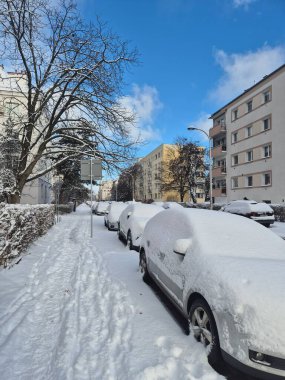 Şiddetli bir kar yağışı sonrasında derin bir şekilde taze karla kaplanmış sakin bir şehir caddesi, park halindeki arabalar yoğun kar tabakalarının altında neredeyse tamamen gömülü, bu da onları zar zor tanınabilir hale getiriyor. Hava açık ve güneşli, el değmemiş şeye parlak bir ışık tutuyor.