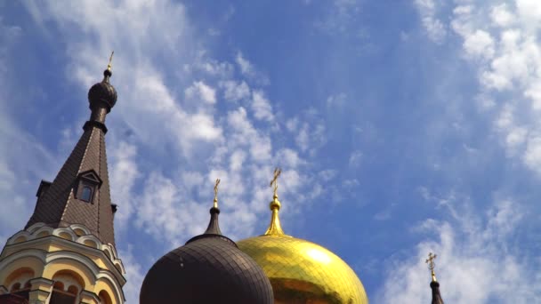 Las aves vuelan frente a las cúpulas de la iglesia ortodoxa — Vídeos de Stock