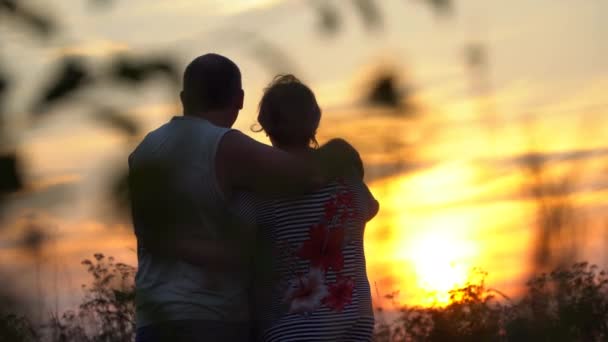 Man en vrouw omhelzen elkaar kijken naar de zonsondergang — Stockvideo