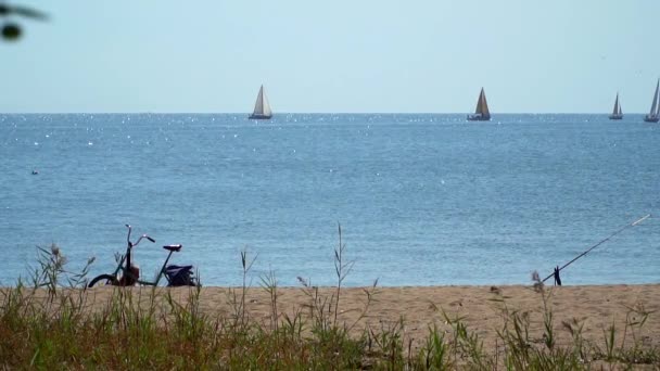 Mężczyzna na plaży naprawy roweru. — Wideo stockowe